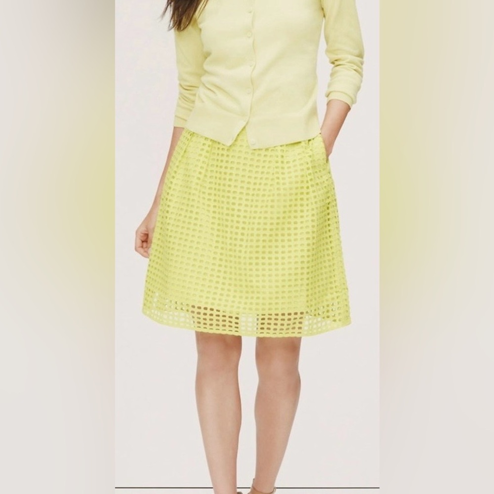 Loft Size 2 Citron Yellow Eyelet Lattice A-Line Skirt Pleated Lined